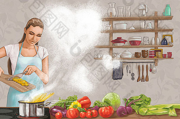 说明图像女人烹饪食物代表护理家庭
