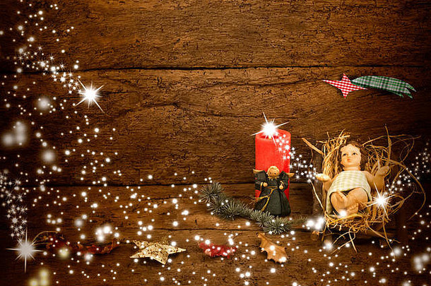 圣诞节卡空间消息孩子耶稣婴儿床木背景圣诞节装饰