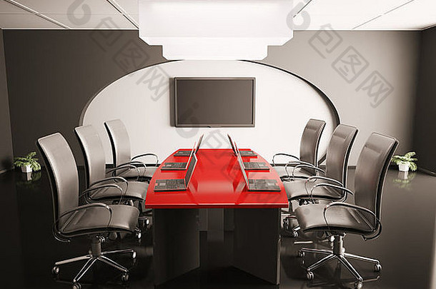 会议房间液晶显示器笔记本电脑红色的表格渲染
