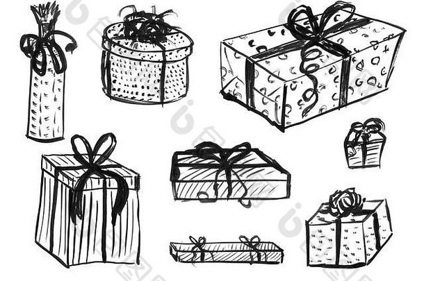黑色的墨水难看的东西手画集包装圣诞节礼物盒子