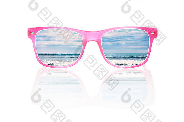 热带海洋粉红色的太阳镜孤立的白色背景反射夏天假期假期概念