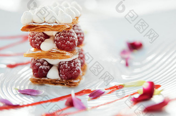 片分层蛋糕树莓甜蜜的酱汁瓷板