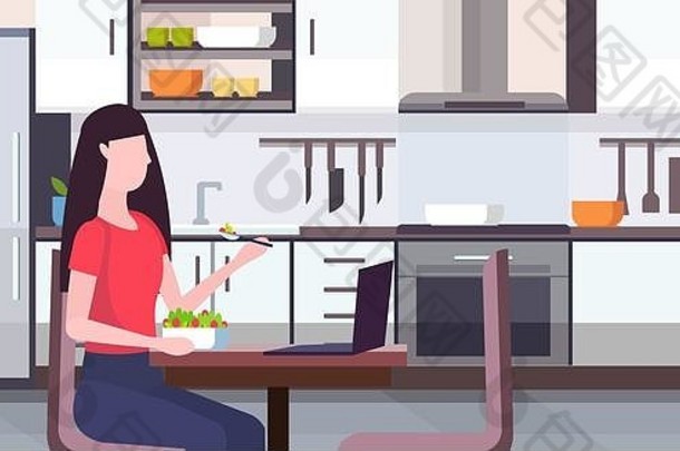 女人吃沙拉移动PC社会媒体网络沟通数字小工具上瘾概念现代厨房室内平portrrait水平