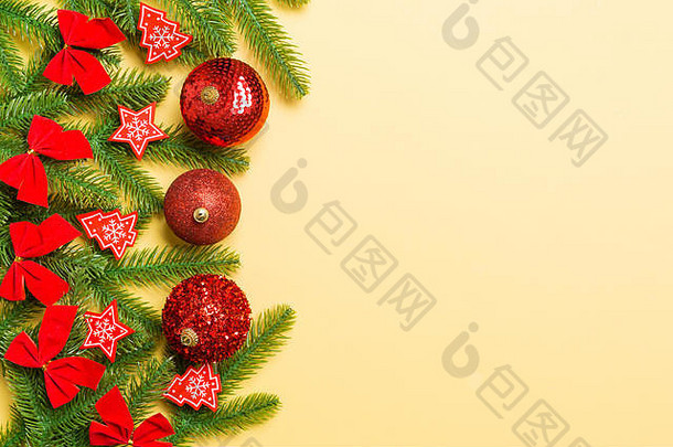 集节日球冷杉树圣诞节装饰色彩斑斓的背景前视图一年点缀概念复制空间