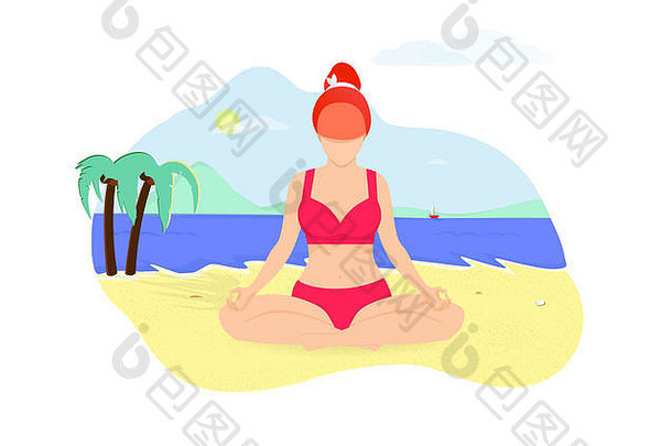 弯曲的灵活的运动姜女人瑜伽体式海边海滩孤立的白色背景女孩红色的比基尼坐着莲花位置海