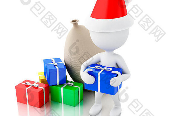 渲染器图像圣诞老人老人<strong>袋</strong>礼物盒子圣诞节概念孤立的白色背景