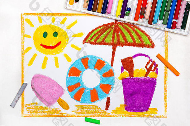 色彩斑斓的画海滩假期微笑太阳冰奶油救生圈太阳伞