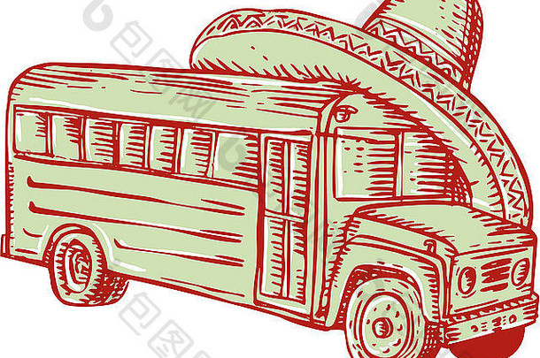 蚀刻雕刻手工制作的风格插图学校公共汽车帽子前集孤立的白色背景