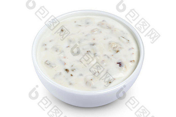 酸奶油蘑菇蘑菇酱汁孤立的白色背景