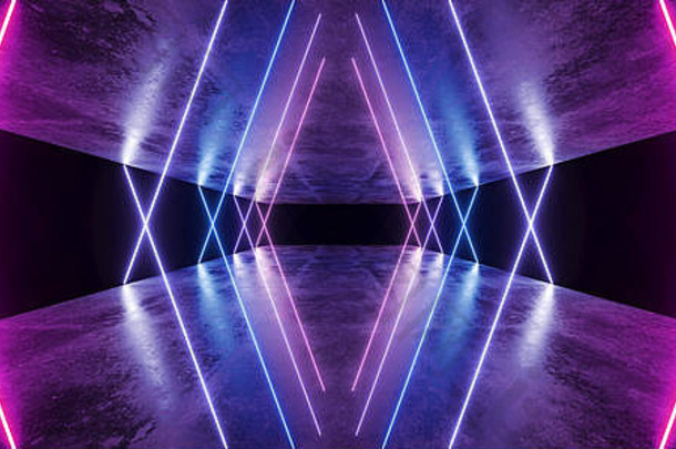 宇宙飞船阶段未来主义的sci霓虹灯发光的紫色的<strong>蓝色</strong>的激光混乱的摘要虚拟荧光黑暗难看的东西混凝土<strong>隧道</strong>走廊走廊和