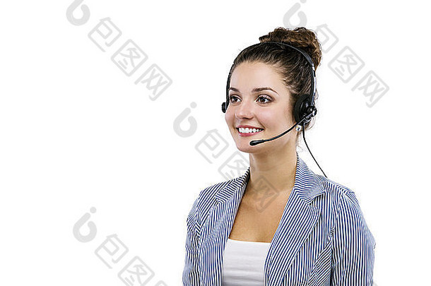 女人客户服务工人调用中心微笑操作符电话耳机孤立的白色背景