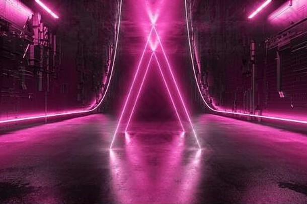 未来主义的三角形网络sci示意图金属反光霓虹灯发光的紫色的粉红色的纹理电隧道走廊宇宙飞船仓库混凝土rea
