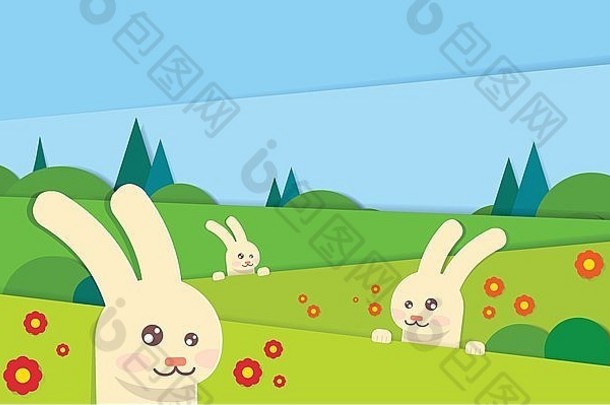 春天景观兔子兔子绿色草蓝色的天空复活节假期