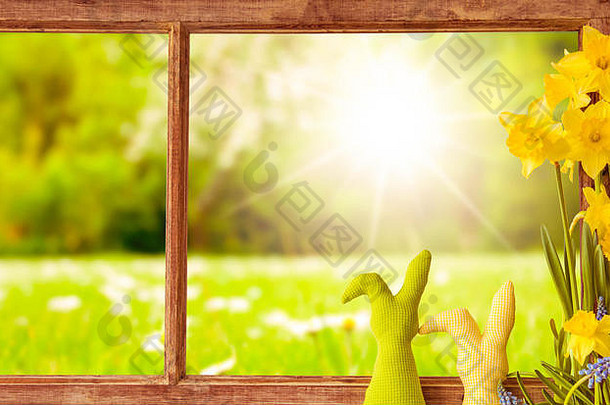 窗口阳光明媚的绿色草地复活节装饰春天花