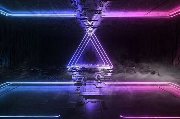 sci未来主义的金属反光示意图变形主板地板上现实的现代霓虹灯发光的激光三角形弧梁蓝色的紫色的红色的电气