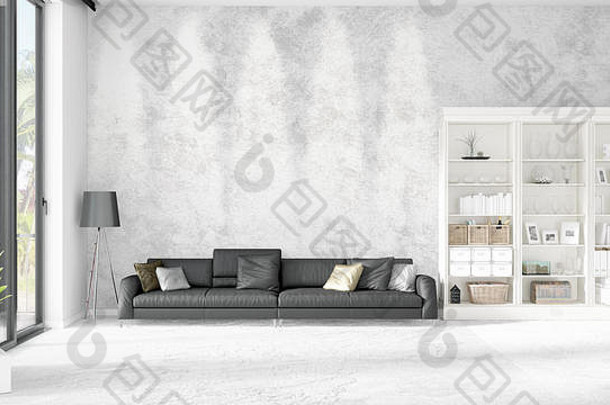 现代室内时尚黑色的皮革沙发上Copyspace水平安排呈现