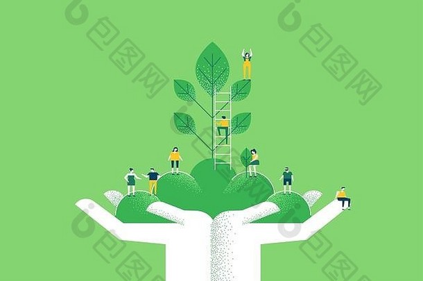 人类手小人团队绿色植物叶子生态友好的环境护理概念社会意识插图