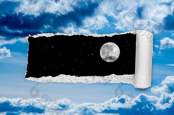 洞一天天空撕裂边缘纸俯瞰晚上天空完整的月亮星星概念全球气候改变