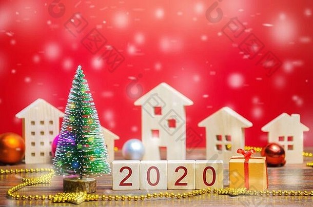 木块圣诞节树微型房子一年圣诞节冬天假期装饰庆祝活动概念开始