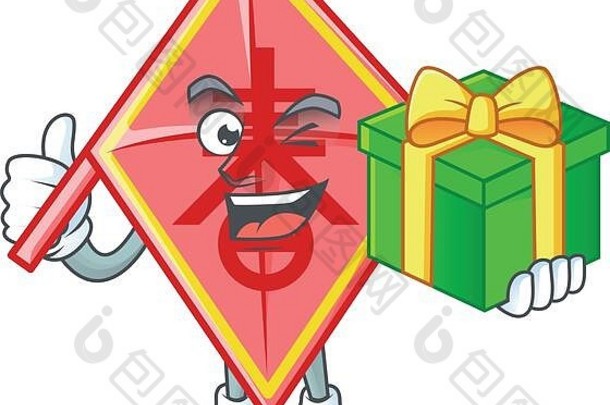 笑脸中国人红色的风筝字符礼物盒子