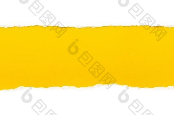 白色纸撕裂边缘孤立的明亮的黄色的颜色纸背景内部好纸纹理