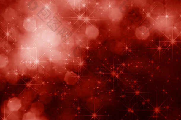 红色的闪闪发光的圣诞节背景闪烁的星星散景灯