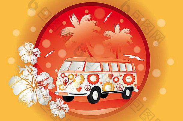 复古的公共汽车花模式橙色背景棕榈树