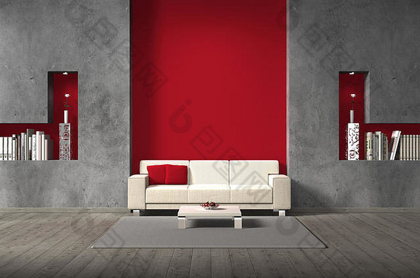 现代虚构的生活房间室内设计沙发复制空间图片红色的墙