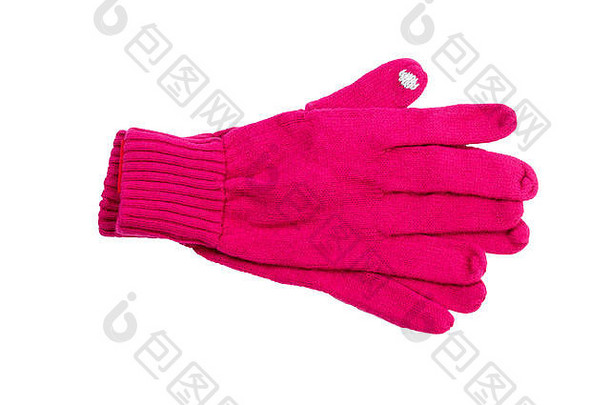 明亮的粉红色的针织手套孤立的白色手套敏感的手指电话传感器