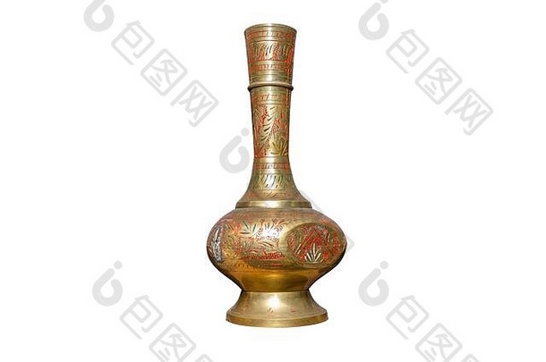 长古老的花瓶使黄铜色彩斑斓的装饰孤立的白色背景剪裁路径