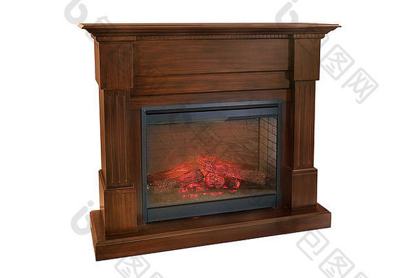 棕色（的）木燃烧壁炉咆哮的火焰经典优雅的设计孤立的白色背景剪裁路径包括壁炉