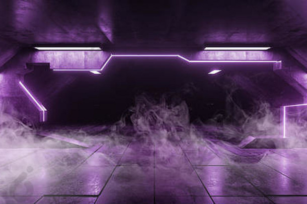 烟紫外线紫色的未来主义的三角形外星人宇宙飞船霓虹灯发光的黑暗长大大厅走廊隧道难看的东西混凝土反光平铺的地板上