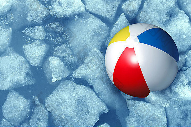 冷夏天天气概念塑料充气海滩球卡住了冻冰冻结池象征休闲活动问题引起的冷温度假期家庭假期