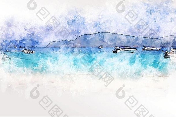 摘要海软波速度船泰国水彩插图绘画背景