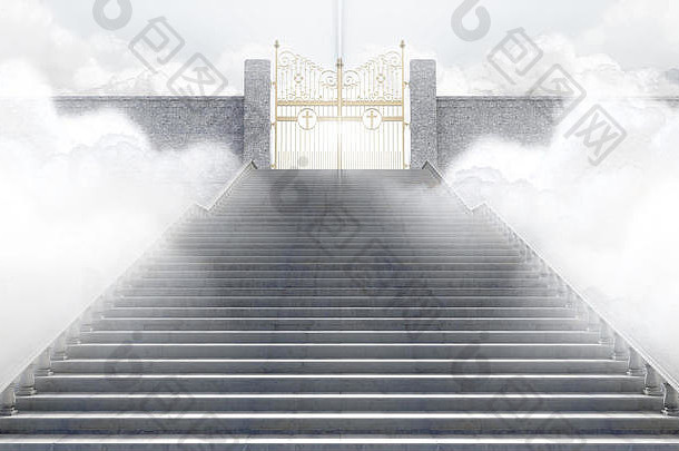 概念描绘雄伟的珍珠盖茨天堂包围云楼梯领先的渲染