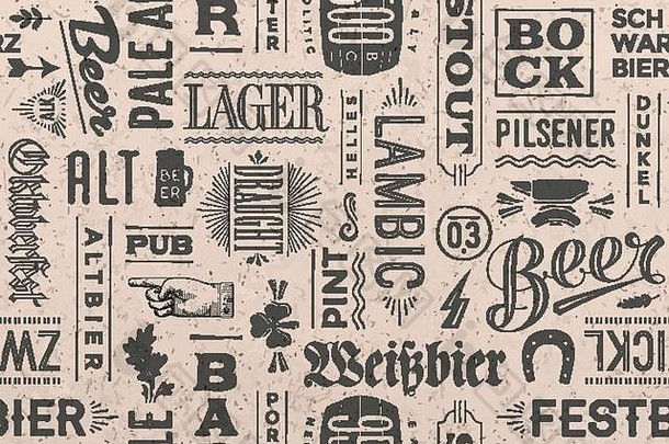 无缝的模式类型啤酒手画刻字