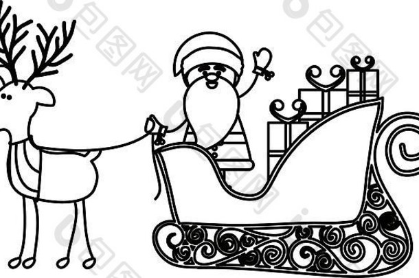 单色轮廓漫画驯鹿圣诞老人老人雪橇礼物