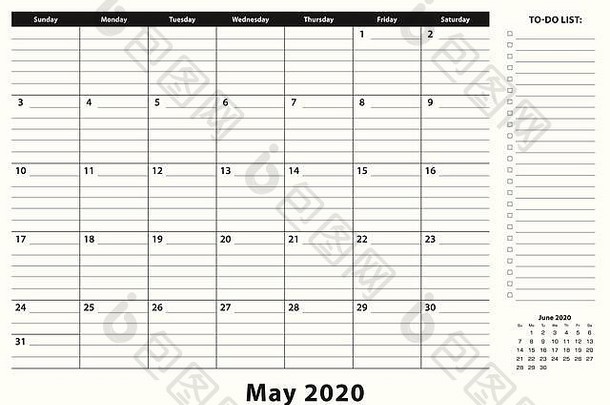 每月业务桌子上垫日历日历规划师待办事项列表的地方笔记黑色的白色设计