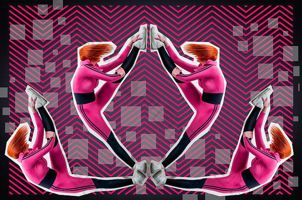 年轻的女人粉红色的运动服装伸展运动pink-black背景几何风格元素拼贴画体育概念主题