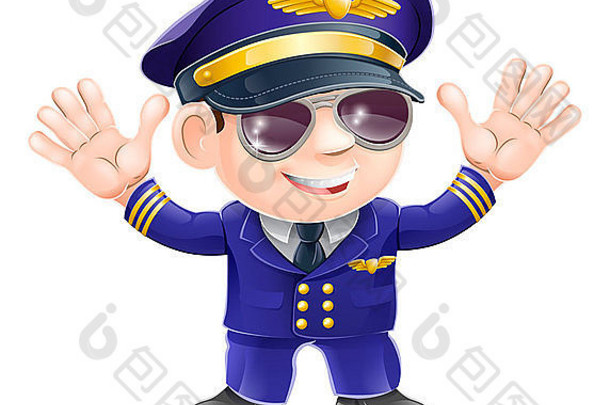 插图可爱的快乐飞机飞行员穿太阳镜挥舞着