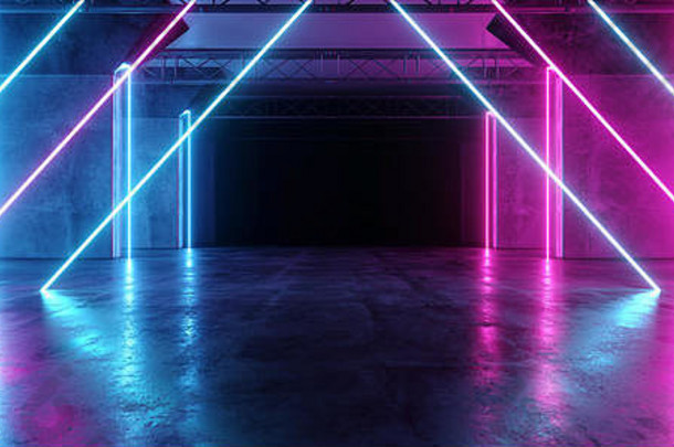 宇宙飞船虚拟未来主义的sci霓虹灯发光的荧光跟踪紫色的蓝色的粉红色的走廊路径门隧道画廊光行三角形形状的哪里