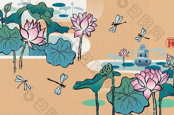 优雅的中国人墨水刷风格莲花画