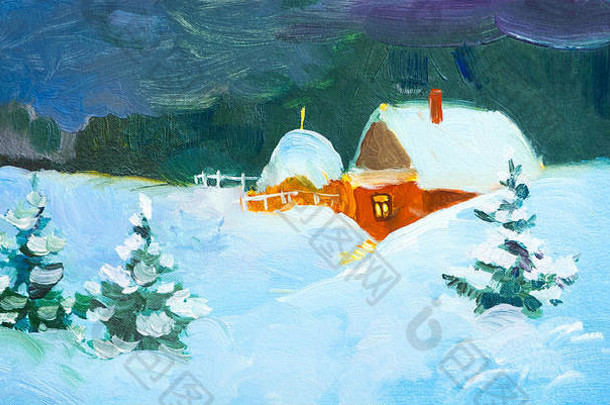 石油绘画晚上景观国家房子冬天冬天景观雪雪堆栅栏晚上晚上小屋强大的轮廓树