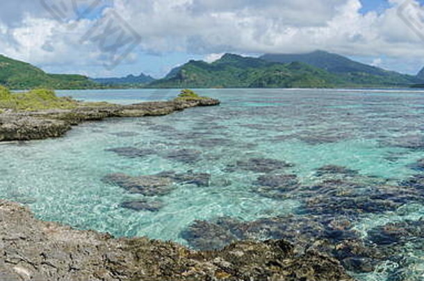全景华欣岛浅水环礁湖胰岛马鲁湾太平洋海洋法国波利尼西亚