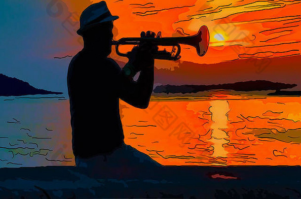 黑色的轮廓音乐家他玩管晚上一天黎明明亮的红色的太阳海洋