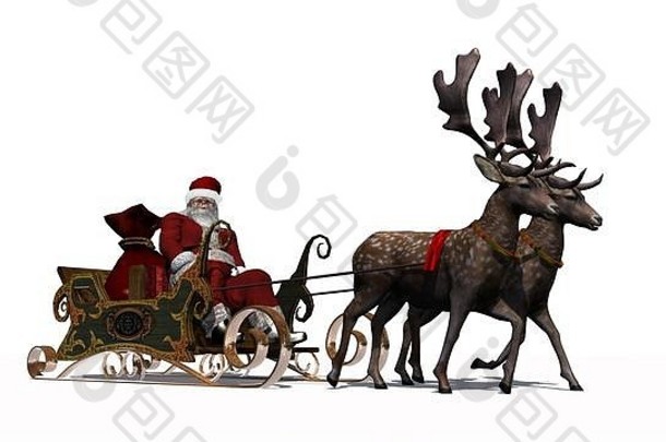 圣诞老人老人雪橇驯鹿孤立的白色背景