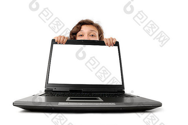 年轻的女人隐藏移动PC空白白色屏幕孤立的白色背景