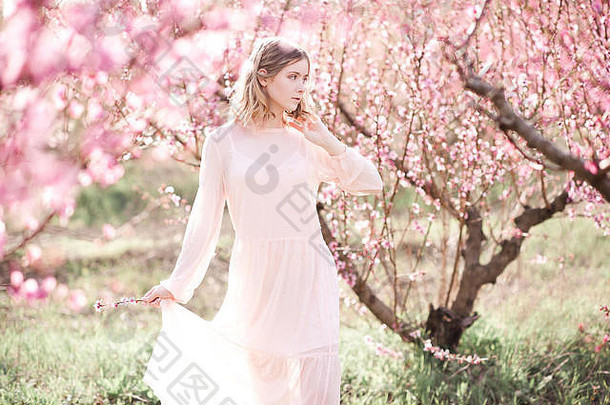 女孩走盛开的桃子果园春天季节