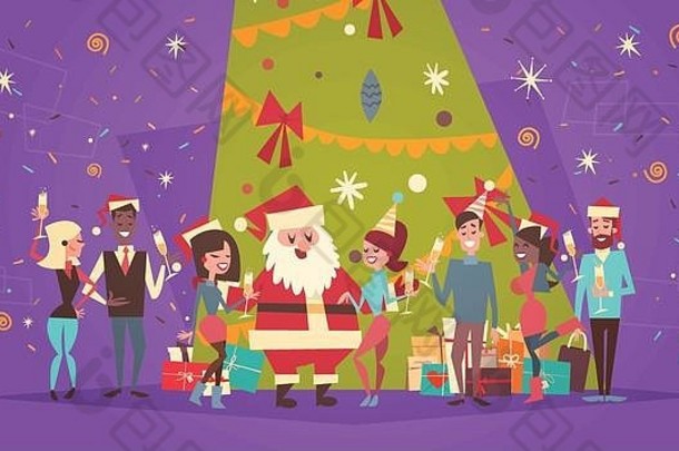快乐圣诞节快乐一年问候卡圣诞老人老人集团人假期松树