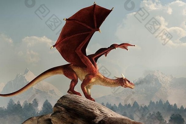 巨大的红色的龙栖息石头覆盖山翅膀传播怪物神话传说翠绿的谷呈现